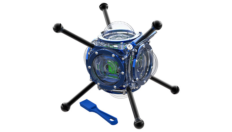 The 360Abyss is a magnetically controlled dive housing designed for filming 360 video underwater.